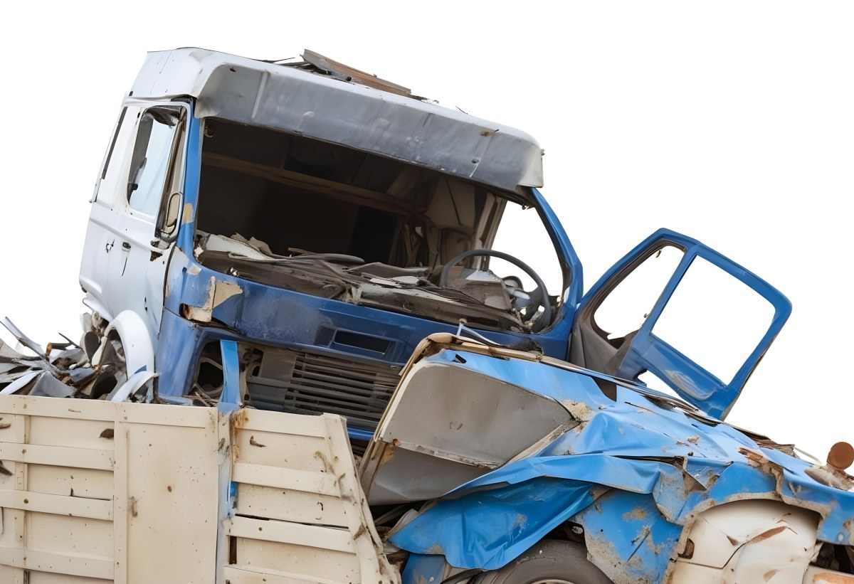 Wrecked White Truck With A Smashed Cabin And A Load Of Metal Sheets Isolated On A White Background Showing The Aftermath Of A Severe Accident 2 9f80