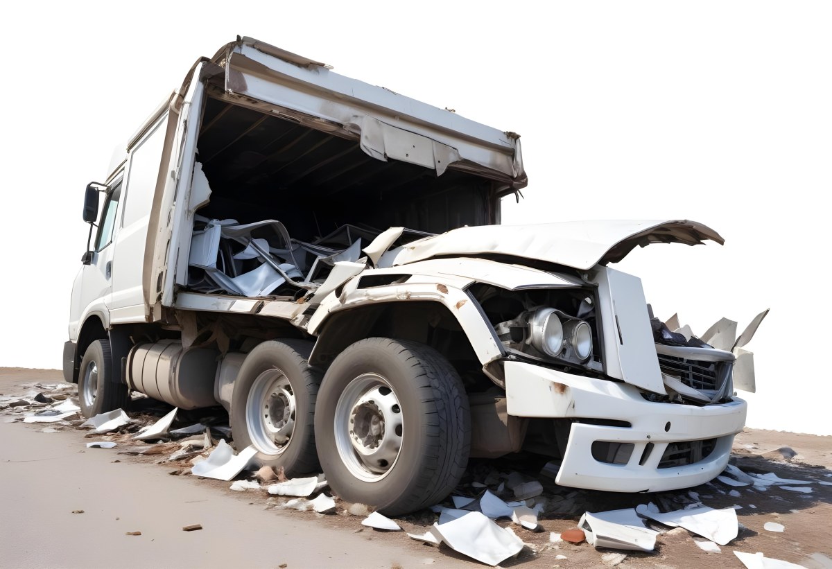 Wrecked White Truck With A Smashed Cabin And A Load Of Metal Sheets Isolated On A White Background Showing The Aftermath Of A Severe Accident 20 48a7