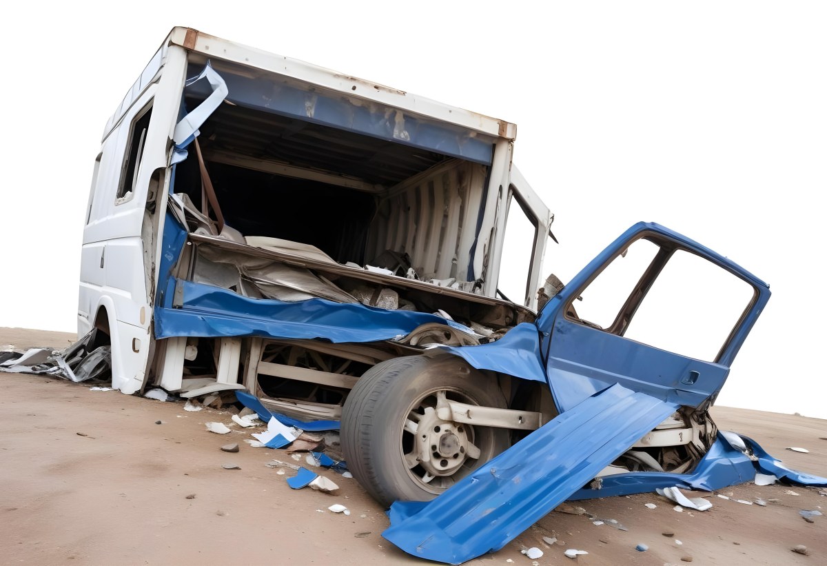Wrecked White Truck With A Smashed Cabin And A Load Of Metal Sheets Isolated On A White Background Showing The Aftermath Of A Severe Accident 21 D1af