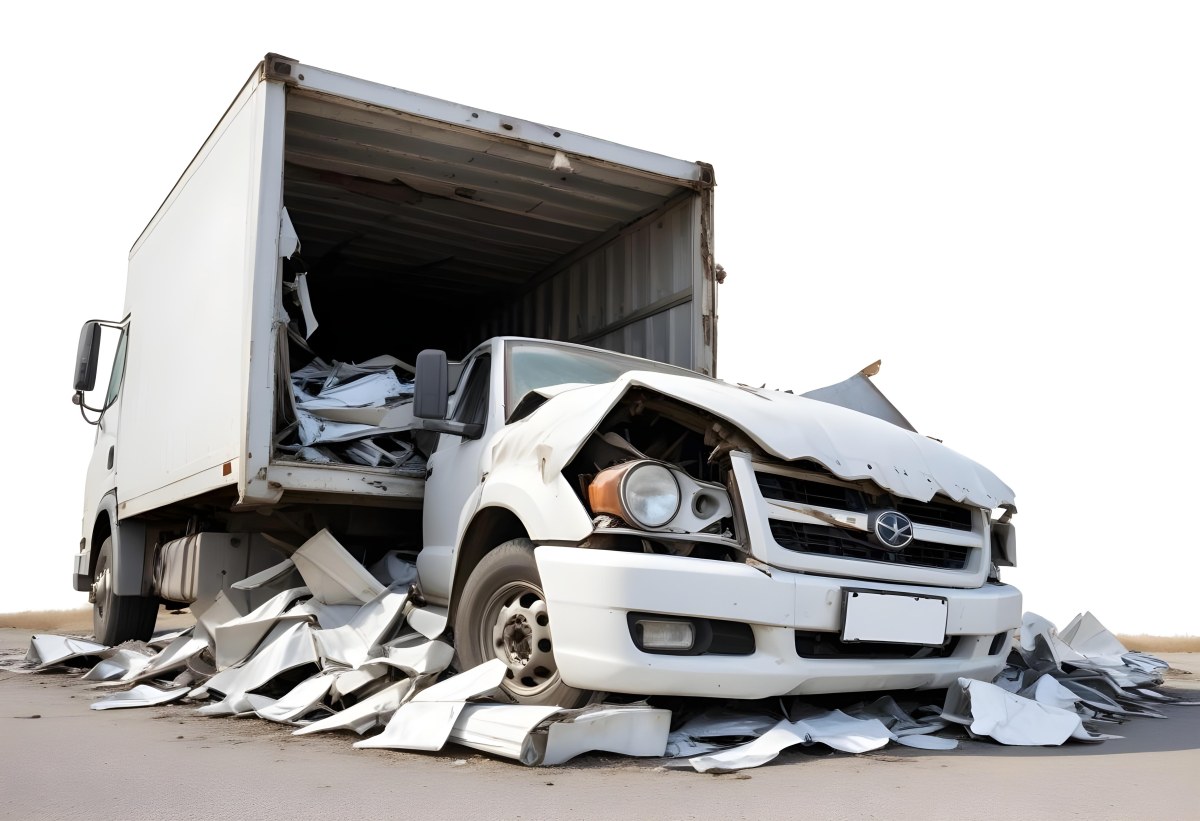 Wrecked White Truck With A Smashed Cabin And A Load Of Metal Sheets Isolated On A White Background Showing The Aftermath Of A Severe Accident 23 Ea0e