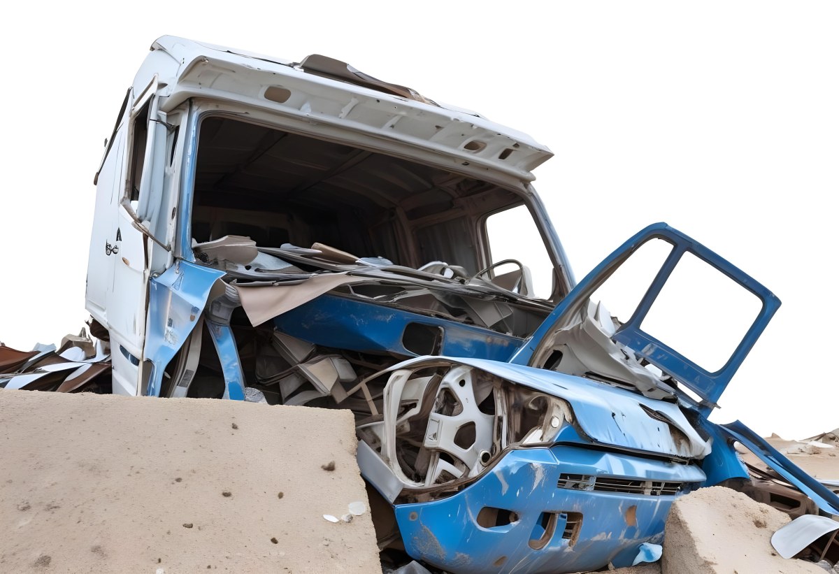 Wrecked White Truck With A Smashed Cabin And A Load Of Metal Sheets Isolated On A White Background Showing The Aftermath Of A Severe Accident 3 842b