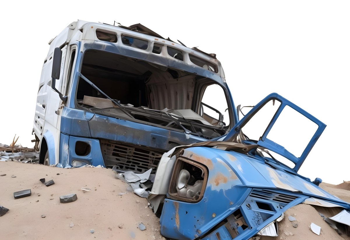 Wrecked White Truck With A Smashed Cabin And A Load Of Metal Sheets Isolated On A White Background Showing The Aftermath Of A Severe Accident 4 6098