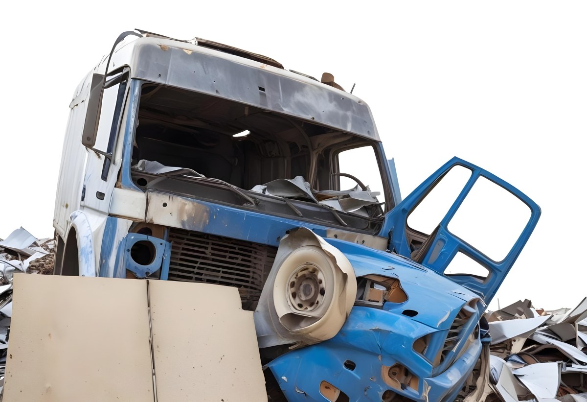 Wrecked White Truck With A Smashed Cabin And A Load Of Metal Sheets Isolated On A White Background Showing The Aftermath Of A Severe Accident 5 D222