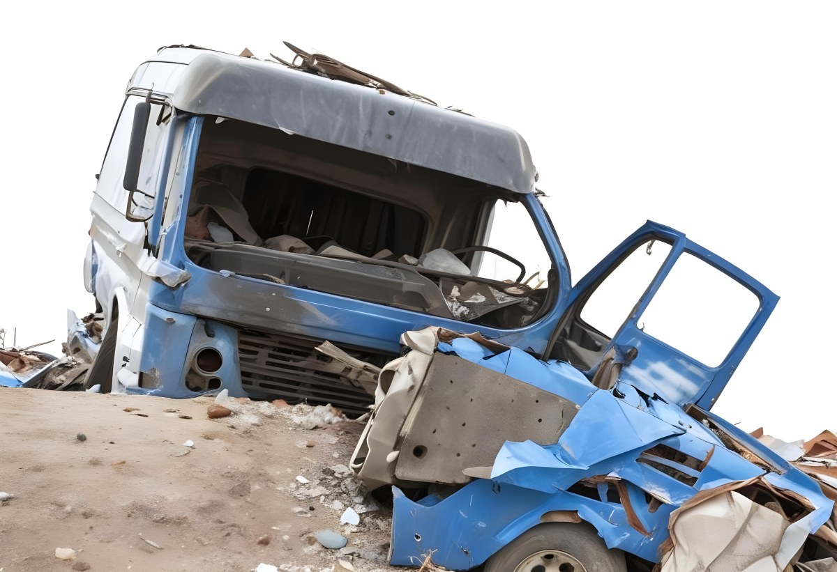 Wrecked White Truck With A Smashed Cabin And A Load Of Metal Sheets Isolated On A White Background Showing The Aftermath Of A Severe Accident 6 0936