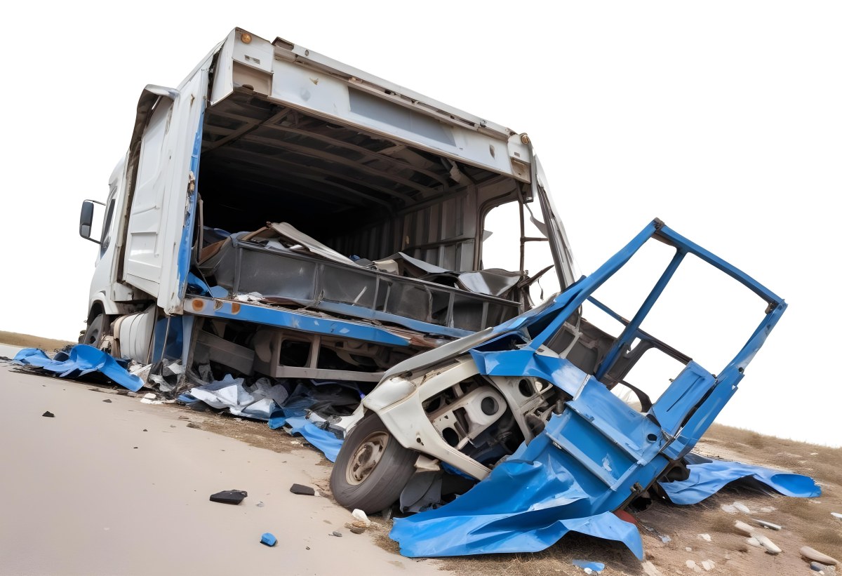 Wrecked White Truck With A Smashed Cabin And A Load Of Metal Sheets Isolated On A White Background Showing The Aftermath Of A Severe Accident 7 5760