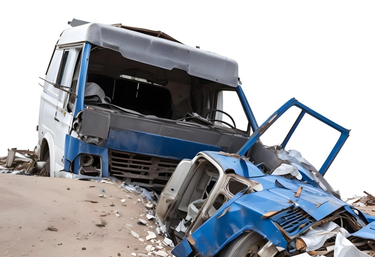 Wrecked White Truck With A Smashed Cabin And A Load Of Metal Sheets Isolated On A White Background Showing The Aftermath Of A Severe Accident 8 9550