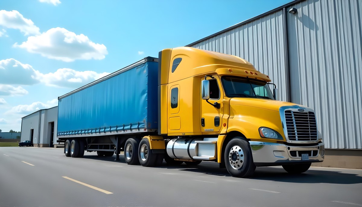Yellow Semi Truck With A Blue Trailer Parked In Front Of A Large Warehouse The Sky Is Blue With Some Clouds 15 511f
