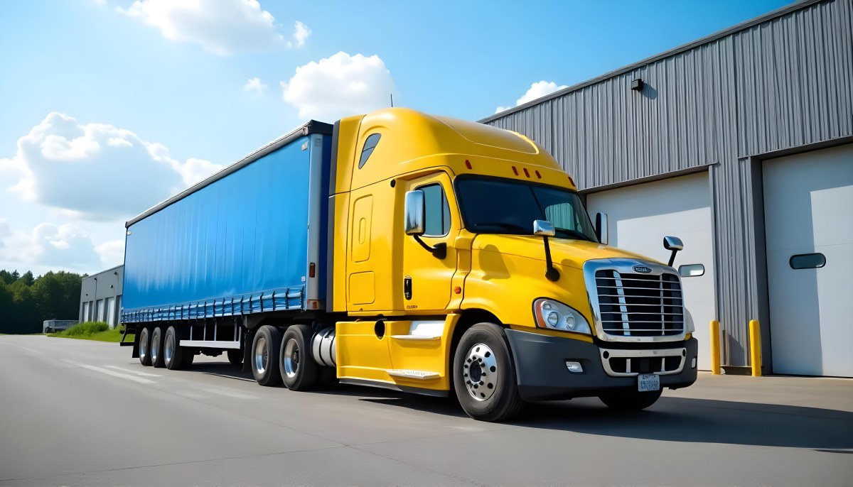 Yellow Semi Truck With A Blue Trailer Parked In Front Of A Large Warehouse The Sky Is Blue With Some Clouds 19 3736