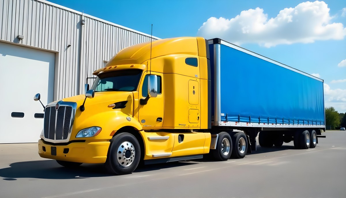 Yellow Semi Truck With A Blue Trailer Parked In Front Of A Large Warehouse The Sky Is Blue With Some Clouds 2 0bc4