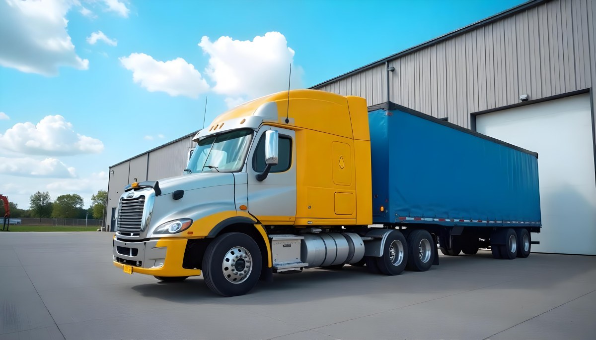 Yellow Semi Truck With A Blue Trailer Parked In Front Of A Large Warehouse The Sky Is Blue With Some Clouds 21 6a2d