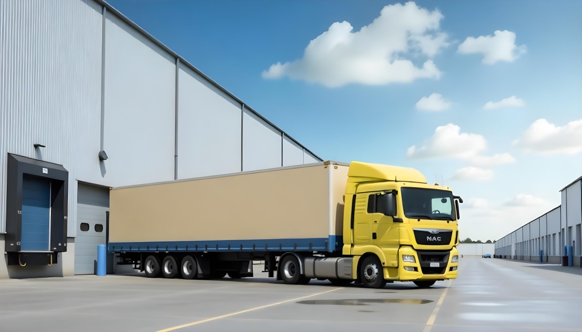 Yellow Semi Truck With A Blue Trailer Parked In Front Of A Large Warehouse The Sky Is Blue With Some Clouds 22 B76a