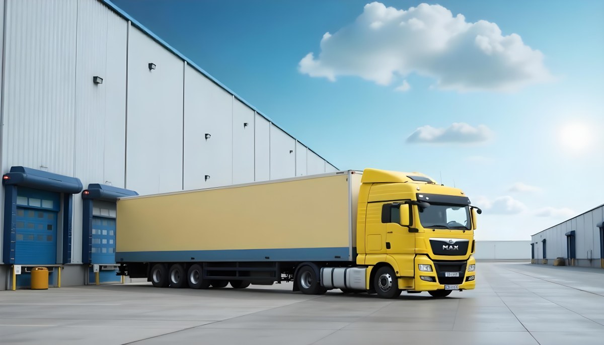 Yellow Semi Truck With A Blue Trailer Parked In Front Of A Large Warehouse The Sky Is Blue With Some Clouds 24 Ad72