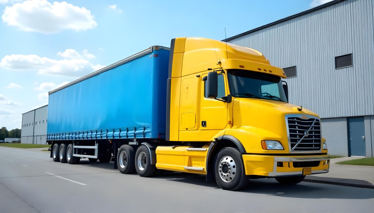 Yellow Semi Truck With A Blue Trailer Parked In Front Of A Large Warehouse The Sky Is Blue With Some Clouds 25 27fd