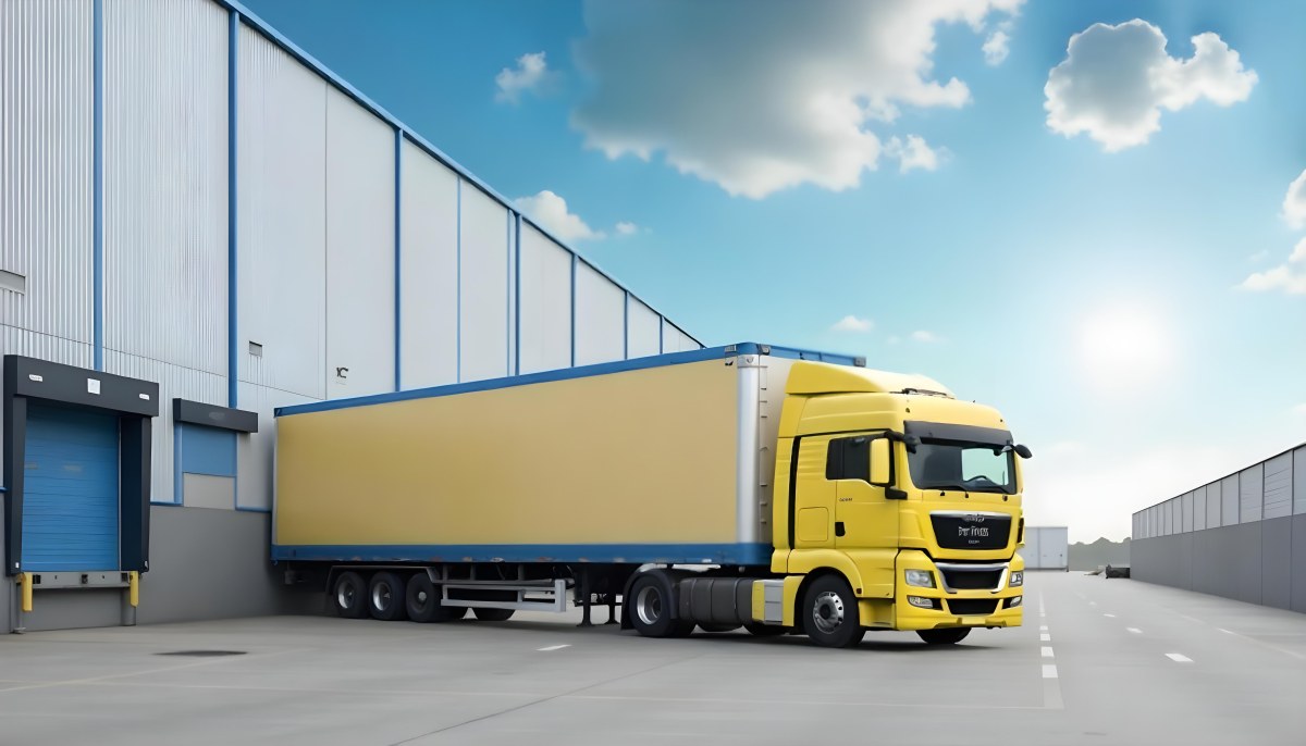 Yellow Semi Truck With A Blue Trailer Parked In Front Of A Large Warehouse The Sky Is Blue With Some Clouds 3 07c8