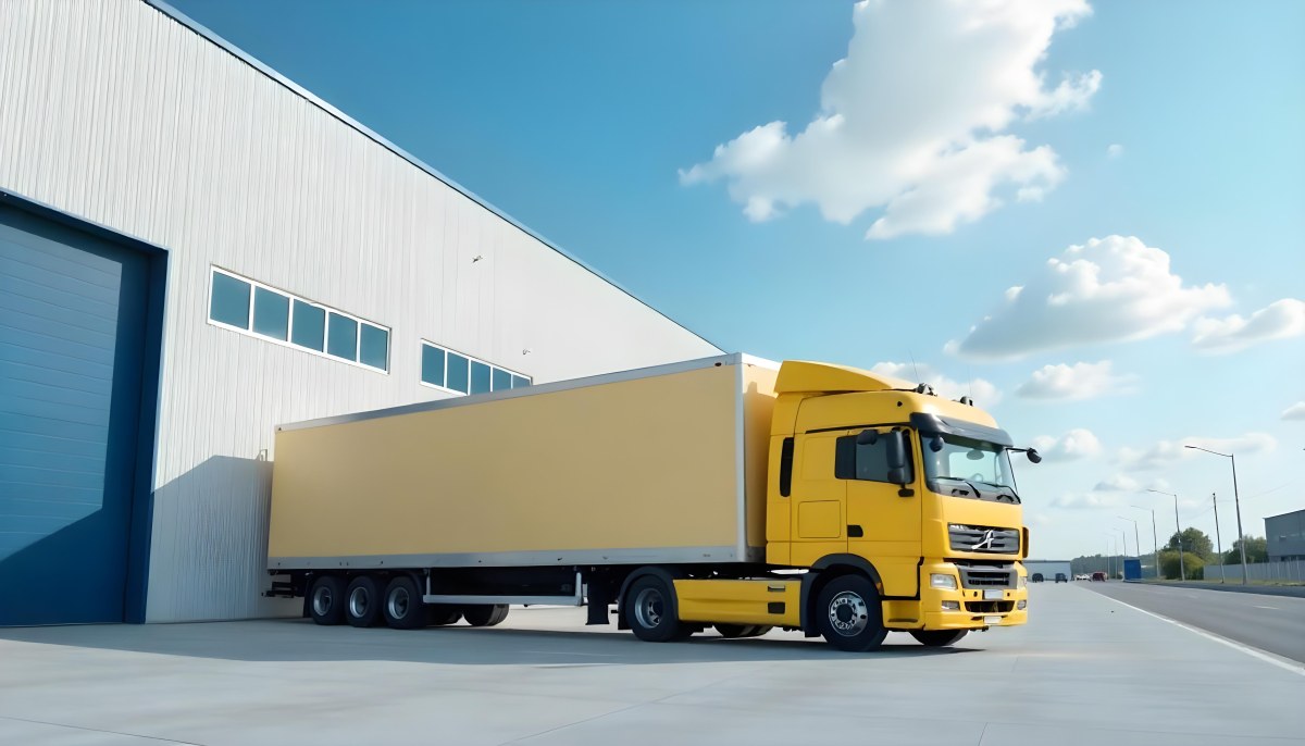 Yellow Semi Truck With A Blue Trailer Parked In Front Of A Large Warehouse The Sky Is Blue With Some Clouds 4 976f