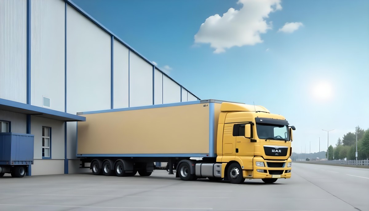 Yellow Semi Truck With A Blue Trailer Parked In Front Of A Large Warehouse The Sky Is Blue With Some Clouds 5 7a88