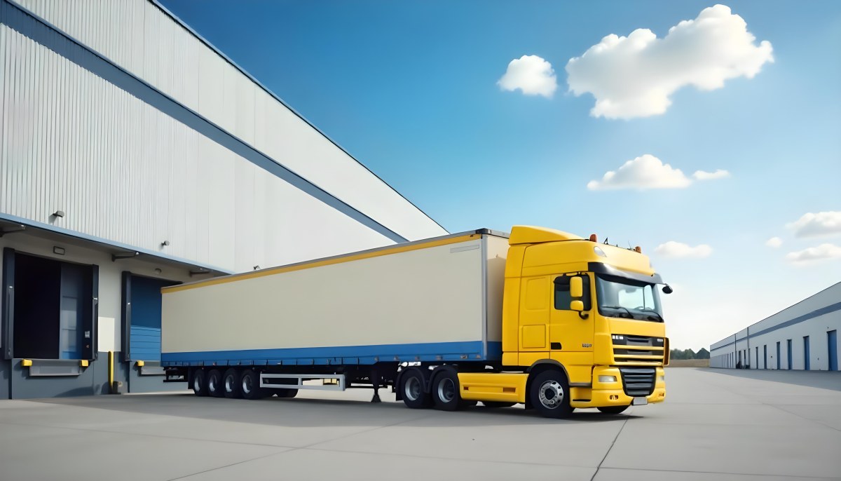 Yellow Semi Truck With A Blue Trailer Parked In Front Of A Large Warehouse The Sky Is Blue With Some Clouds 6 710d