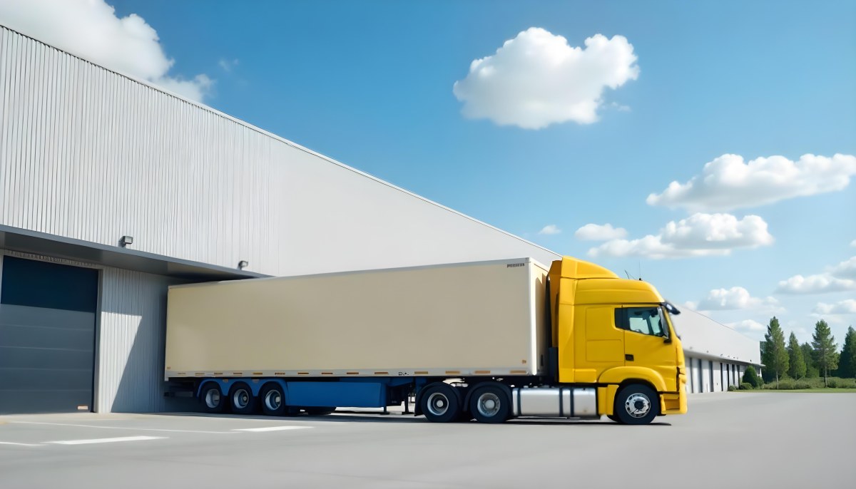Yellow Semi Truck With A Blue Trailer Parked In Front Of A Large Warehouse The Sky Is Blue With Some Clouds 7 59ba