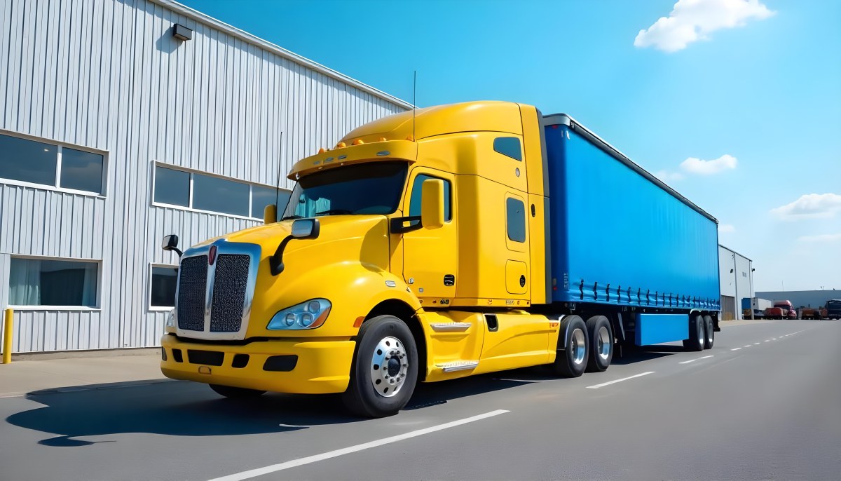 Yellow Semi Truck With A Blue Trailer Parked In Front Of A Large Warehouse The Sky Is Blue With Some Clouds 8 268c