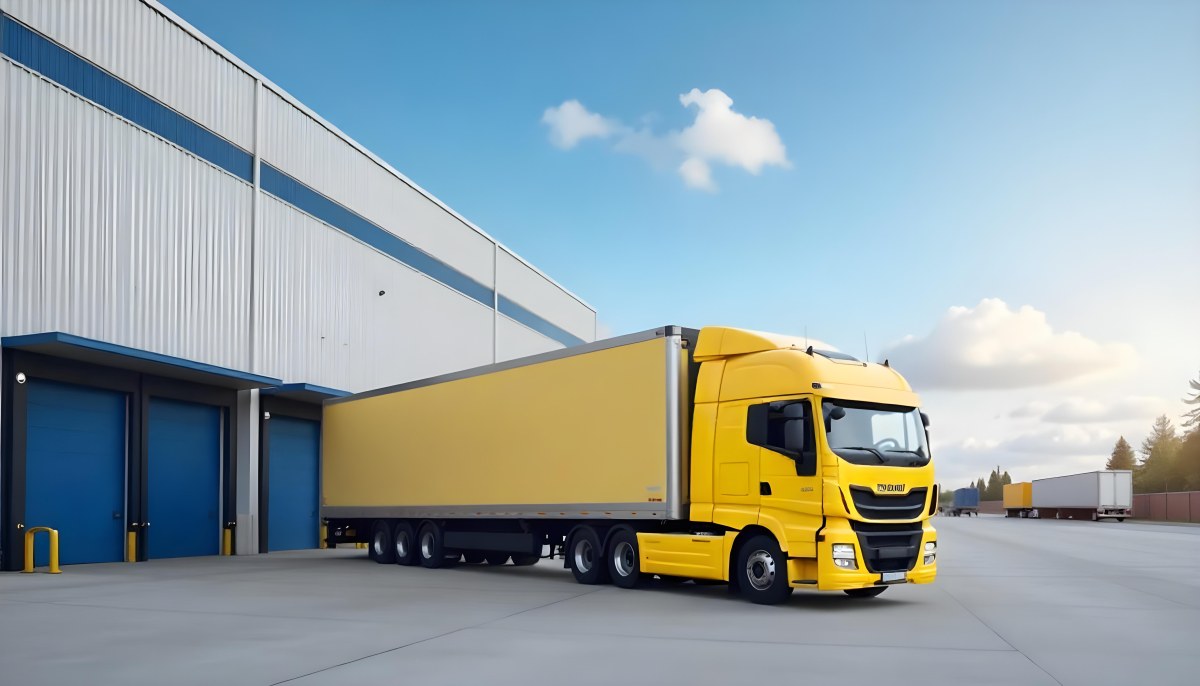 Yellow Semi Truck With A Blue Trailer Parked In Front Of A Large Warehouse The Sky Is Blue With Some Clouds 9 6cba