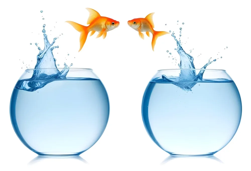 Two Goldfish Jumping From A Fishbowl With Water Splashes On A White Background 18 1868