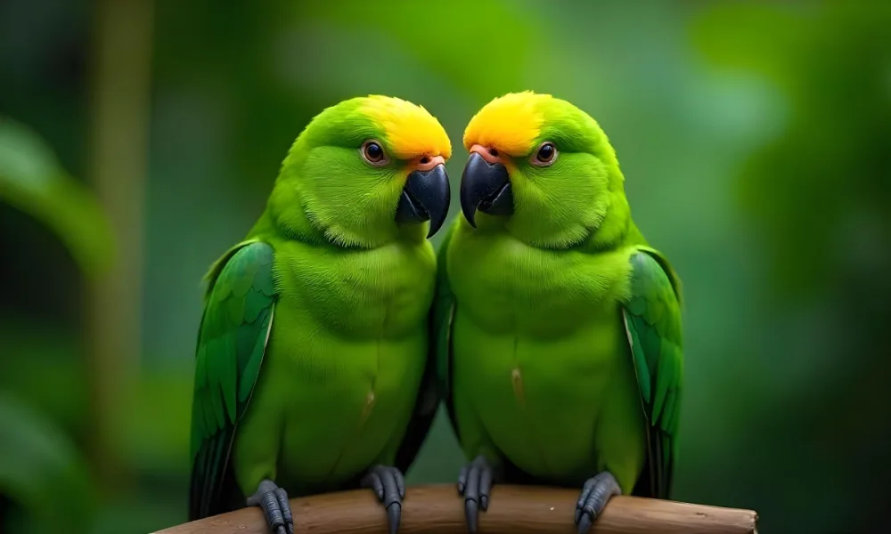 Two Green Parrots With Bright Yellow Heads And Beaks Perched Together In A Tropical Rainforest 6 6682