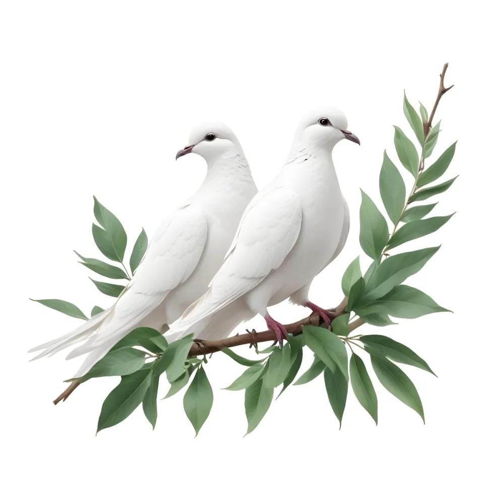 Two White Doves Perched On A Branch With Green Leaves One Dove With Wings Spread Symbol Of Peace Isolated On White Background 35 8d7b