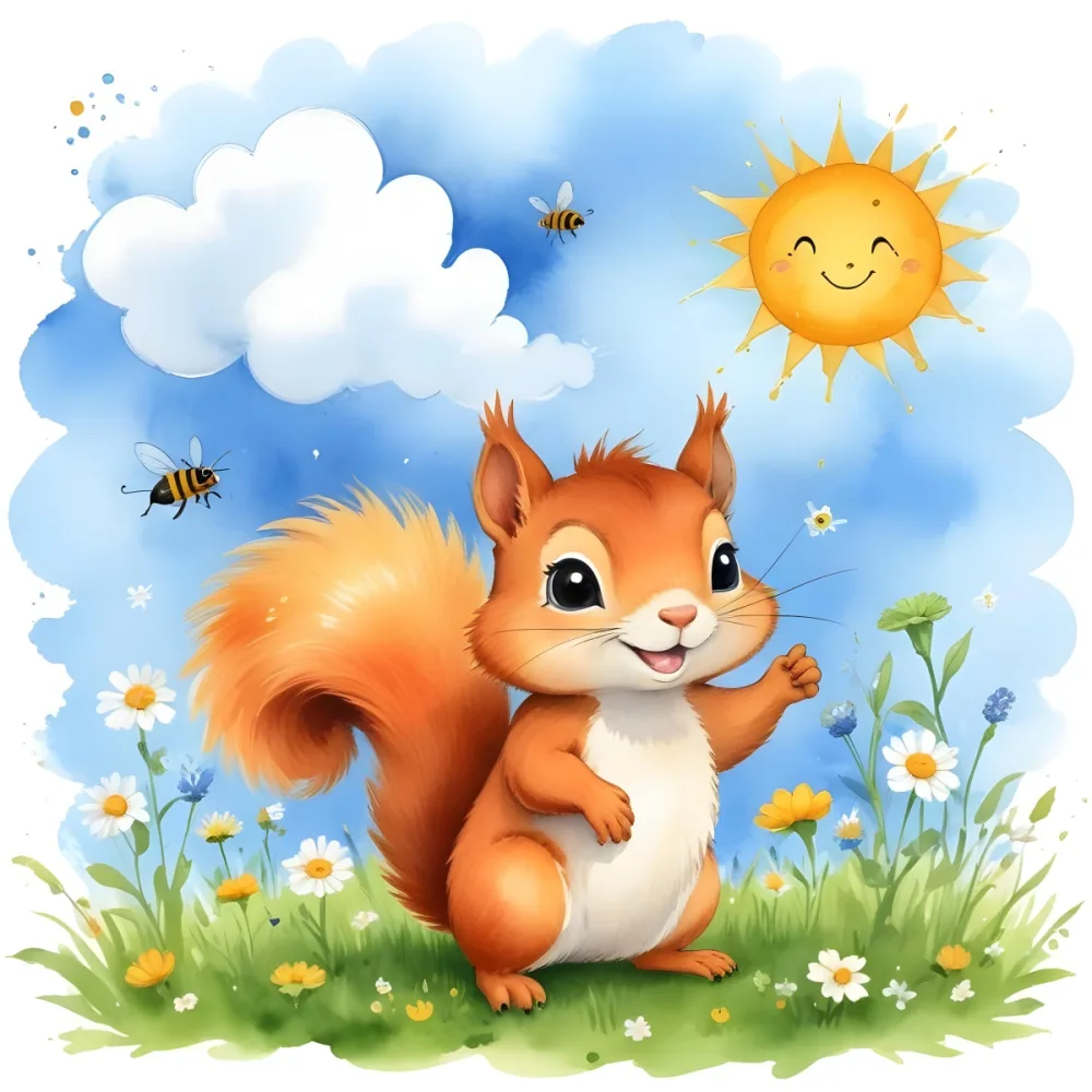 Watercolor Painting A Cute Orange Squirrel With A Fluffy Tail Surrounded By Flowers Bees A Snail A Cloud And A Smiling Sun In A Green Field With A Blue Sky Creative Detailed Brush Stroke Minimal Spalsh 2 4c62