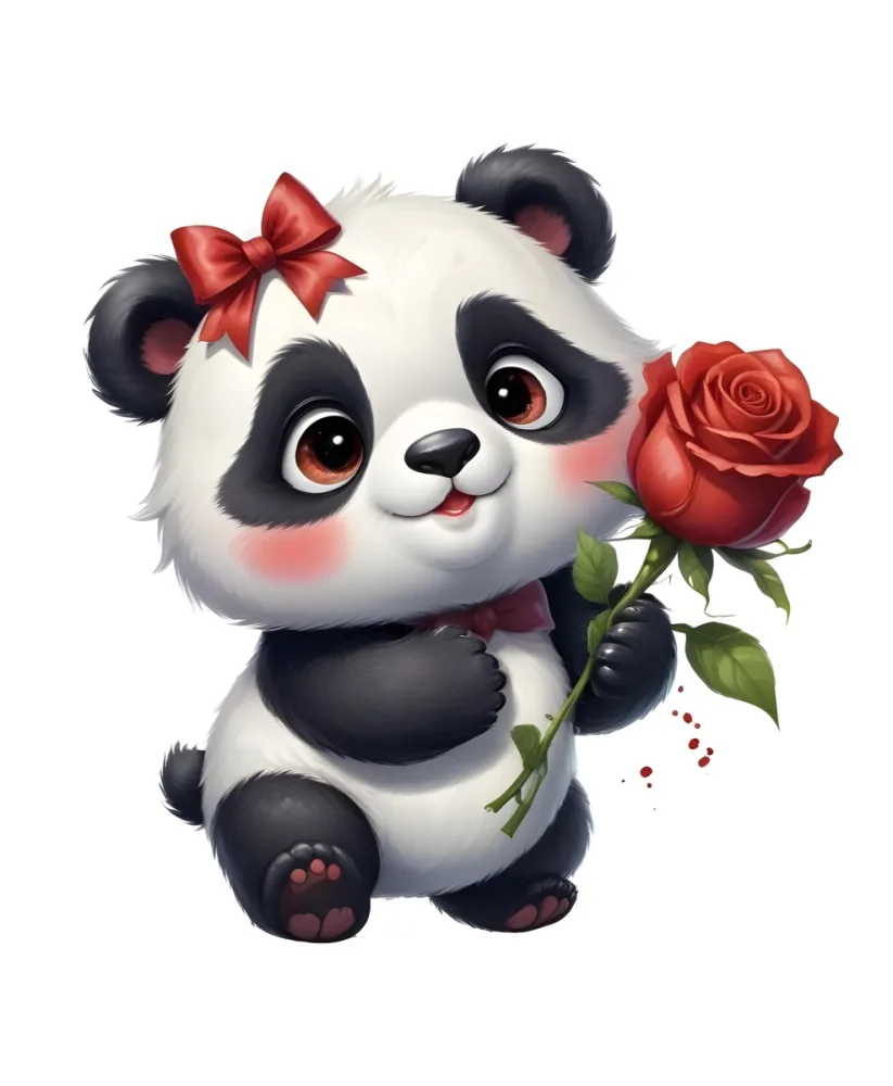 Watercolor Painting A Cute Panda Bear With A Red Bow On Its Head Holding A Red Rose White Cheeks Cartoon Style White Background Creative Detailed Brush Stroke Minimal Spalsh 46 E153