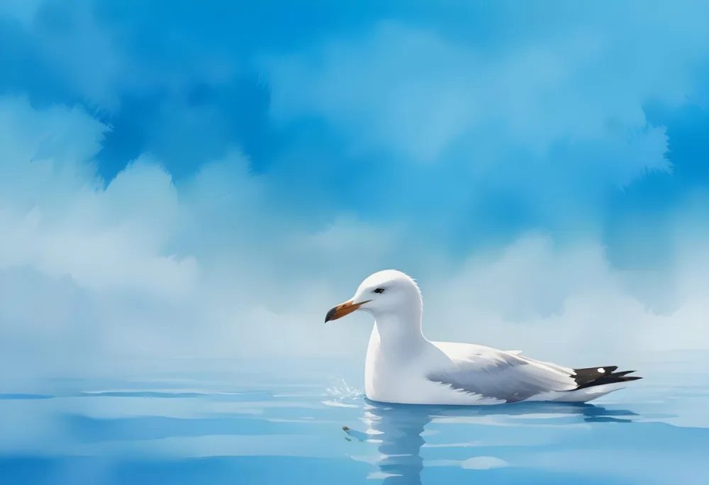 Watercolor Painting A White Seagull Floating On Calm Blue Water Against A Hazy Blue Sky Creative Detailed Brush Stroke Minimal Spalsh 7 85fe