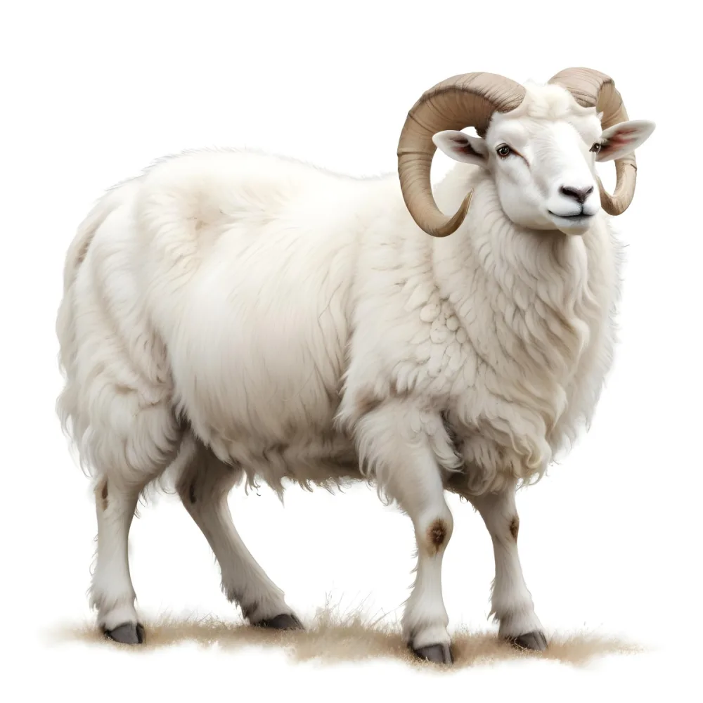 White Ram With Large Curved Horns Standing On A Small Patch Of Grass Detailed Fur Texture Soft Lighting Against A Plain White Background 2 0370