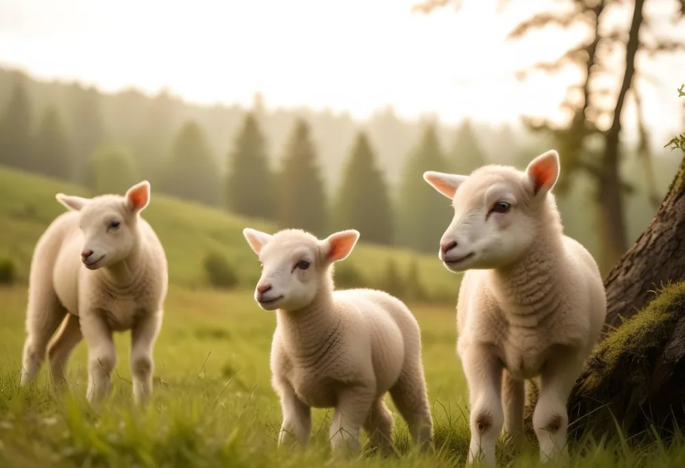 Young Lambs Standing In A Grassy Field With A Forest In The Background 3 C6d8