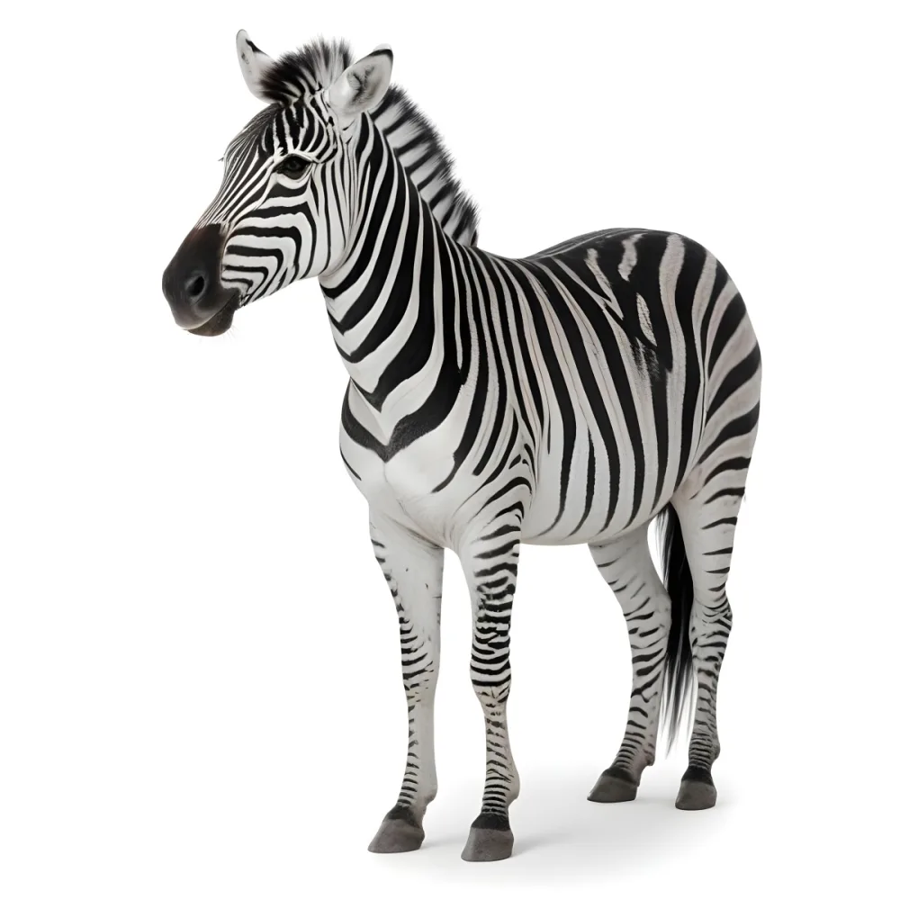 Zebra With Black And White Stripes Short Mane Standing On A White Background Looking To The Left With A Slightly Open Mouth 11 9da8