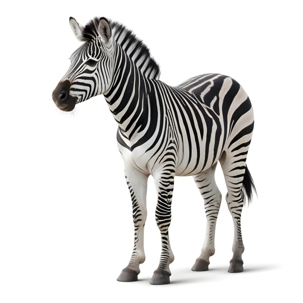 Zebra With Black And White Stripes Short Mane Standing On A White Background Looking To The Left With A Slightly Open Mouth 14 48bd