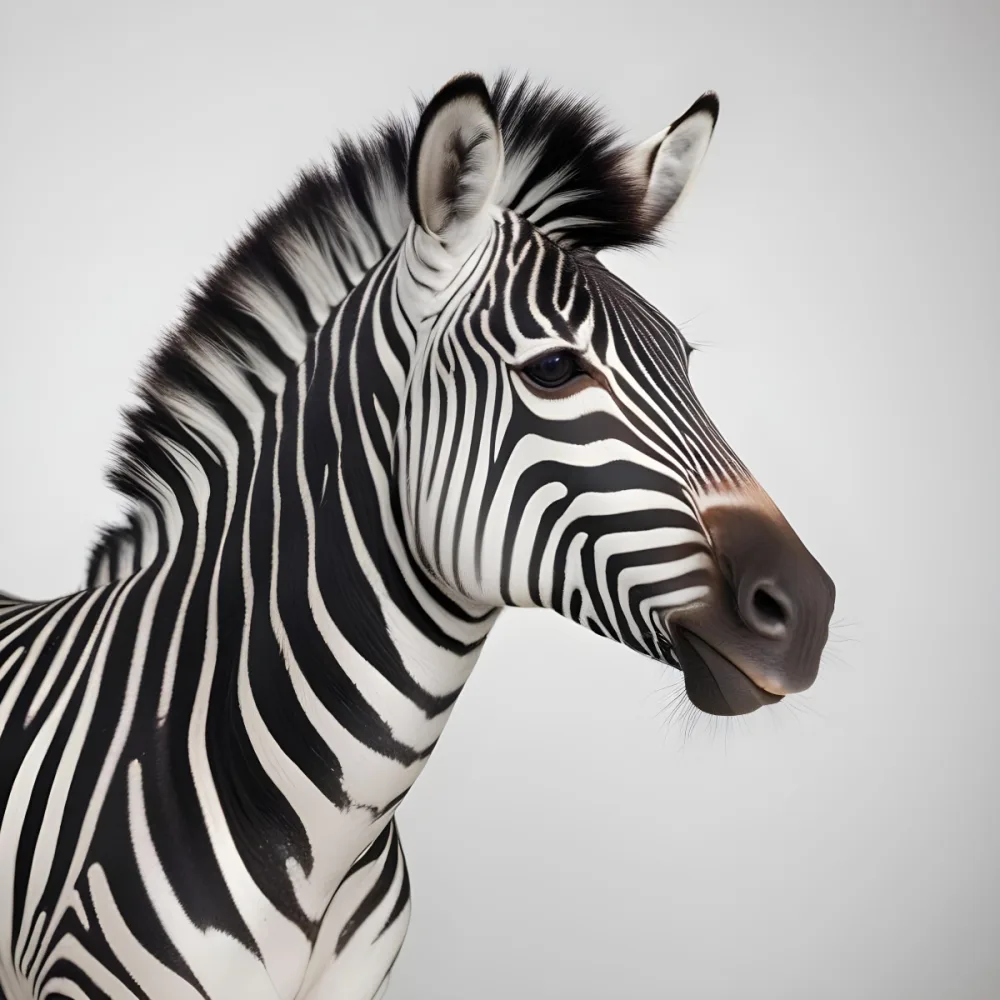 Zebra With Black And White Stripes Short Mane Standing On A White Background Looking To The Left With A Slightly Open Mouth 18 6a4b