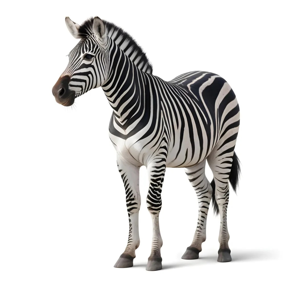 Zebra With Black And White Stripes Short Mane Standing On A White Background Looking To The Left With A Slightly Open Mouth 23 6d8f