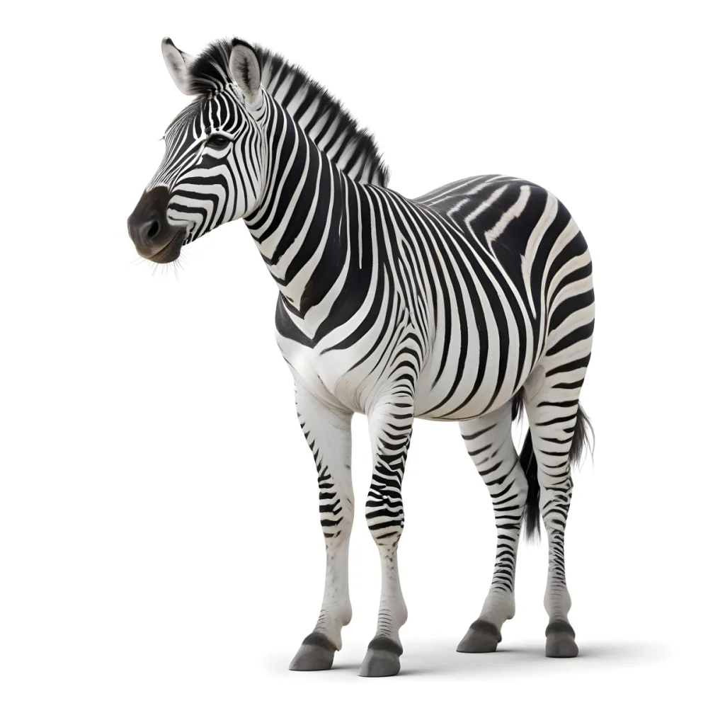 Zebra With Black And White Stripes Short Mane Standing On A White Background Looking To The Left With A Slightly Open Mouth 24 B657