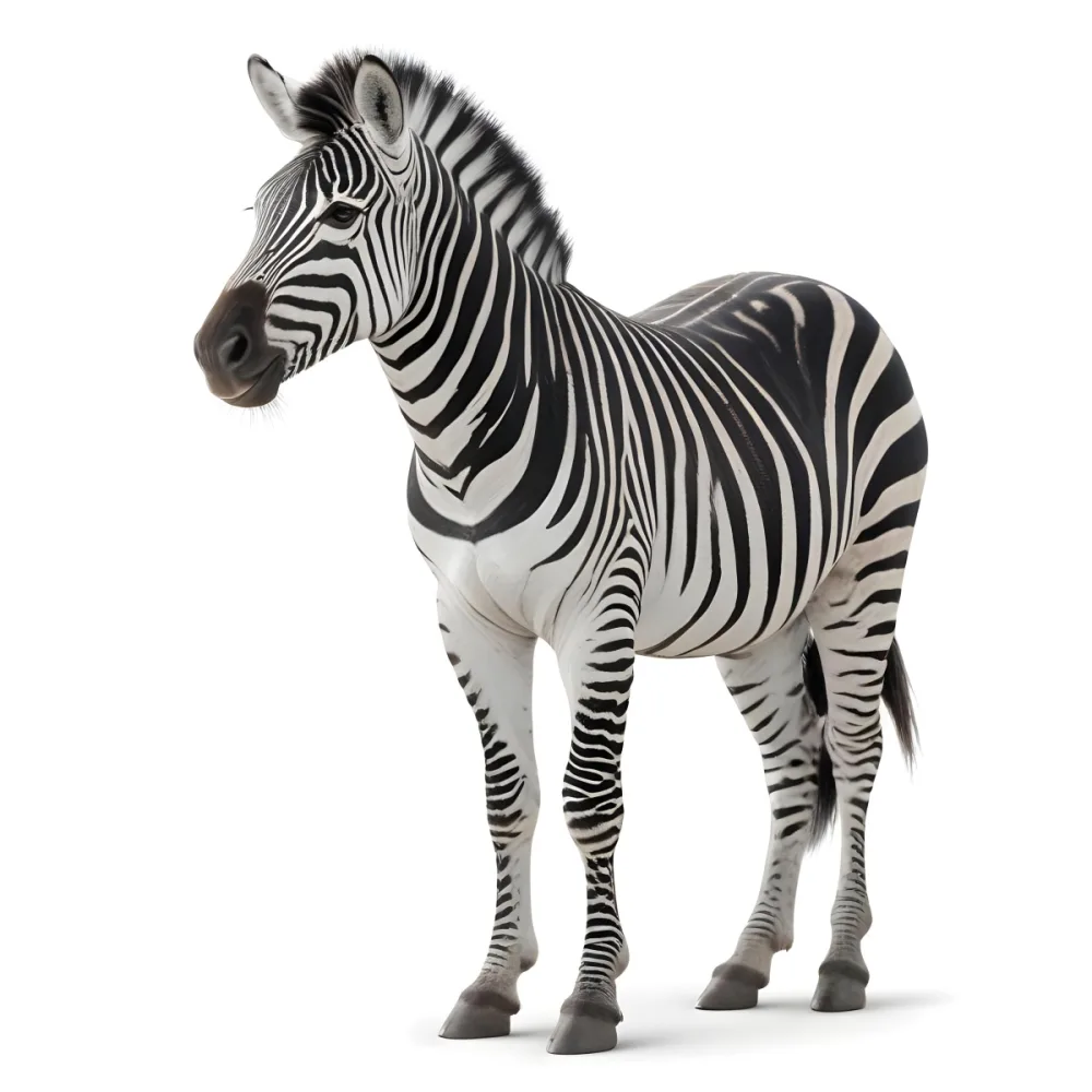 Zebra With Black And White Stripes Short Mane Standing On A White Background Looking To The Left With A Slightly Open Mouth 28 D6f0