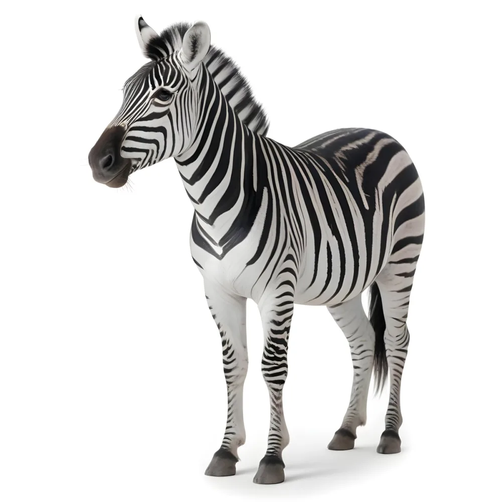 Zebra With Black And White Stripes Short Mane Standing On A White Background Looking To The Left With A Slightly Open Mouth 5 539b