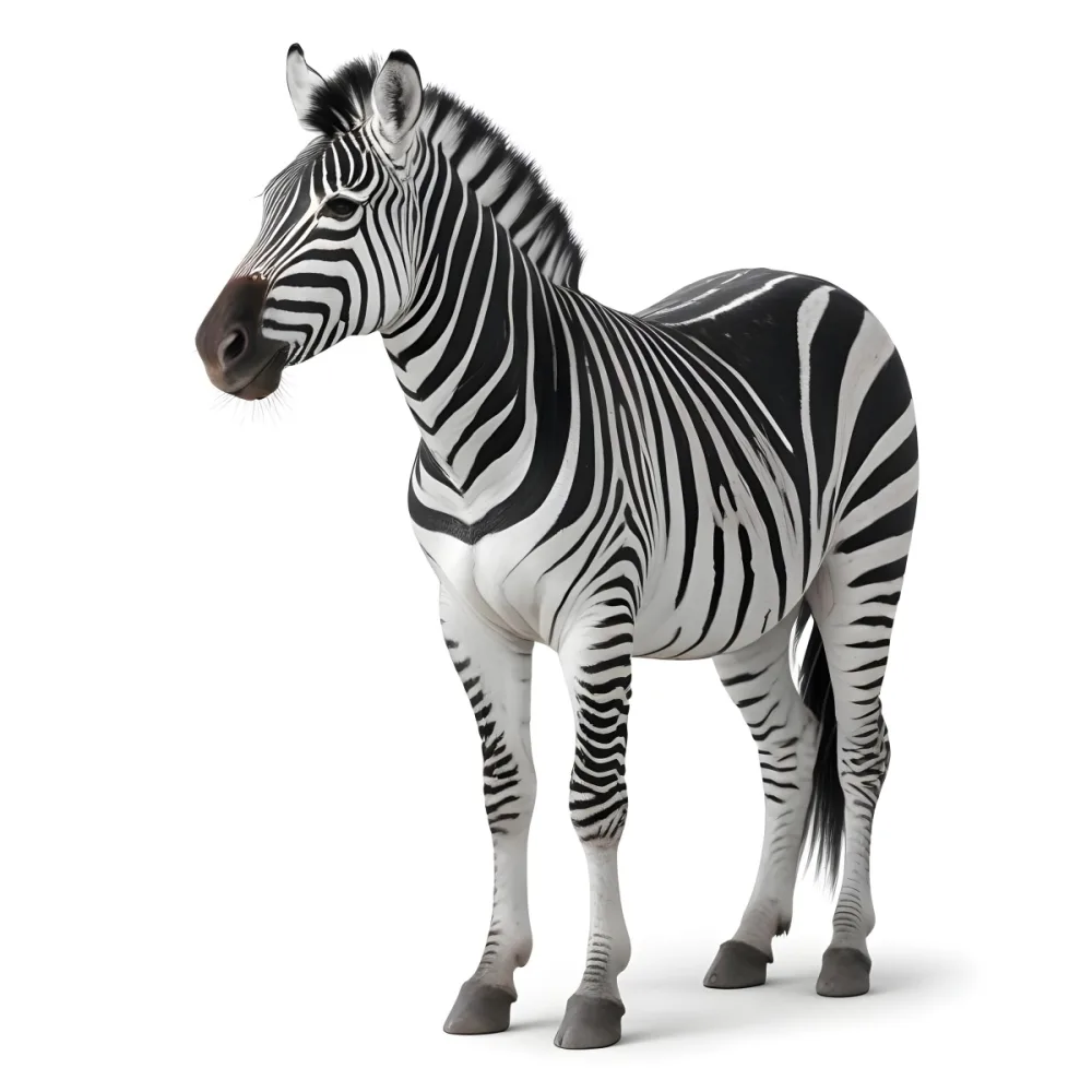 Zebra With Black And White Stripes Short Mane Standing On A White Background Looking To The Left With A Slightly Open Mouth 8 D3f4