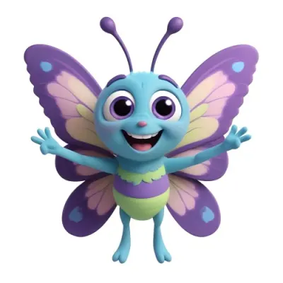 3d Model A Cartoon Butterfly Character With A Purple Body And Large Expressive Blue Eyes The Wings Are Purple With Blue And Green Accents And The Character Has A Cheerful Smile With Arms Outstretched In A Welcoming 9 9f4e