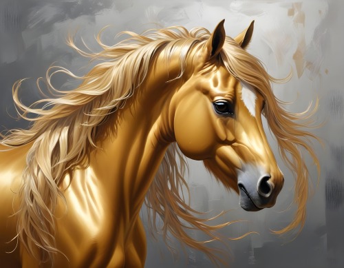 3d Model A Golden Horse With A Flowing Mane Against A Metallic Background With Shiny Reflections Figure Octane Render Volumetric Highly Detailed Videogame Aesthetic 27 Faf8