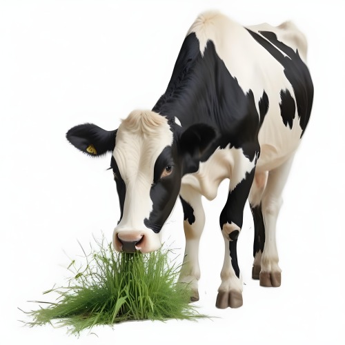 A Black And White Cow Eating Grass The Cow Is Facing Forward The Background Is Plain White 13 855d