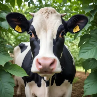 A Black And White Dairy Cow With Large Eyes And Ears Surrounded By Lush Green Foliage 9