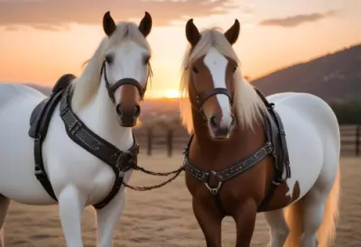 A Brown Horse With A Black Mane And Tail Wearing A Harness And Looking Directly At The Camera A White Horse With A Blonde Mane Wearing A Saddle During Sunset 22 F9d4