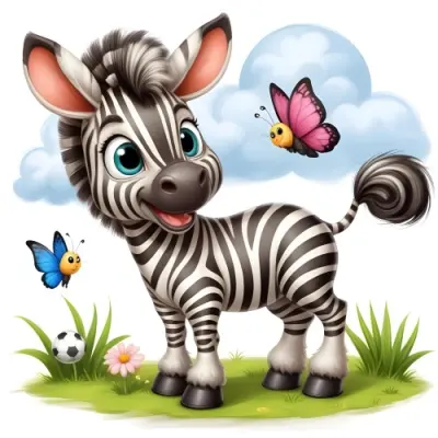 A Cartoon Zebra With Black And White Stripes Big Green Eyes And A Fluffy Mane Standing On A Green Field With Flowers Butterflies And A Soccer Ball Under A Cloudy Sky 23 Be1a