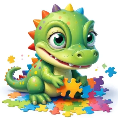 A Cute Green Baby Alligator With Big Eyes Playing With A Puzzle Colorful Background With Colorful Dots And Puzzle Pieces 19 B187