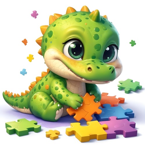 A Cute Green Baby Alligator With Big Eyes Playing With A Puzzle Colorful Background With Colorful Dots And Puzzle Pieces 42 95d8