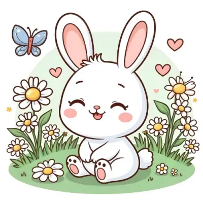A Cute White Bunny With Green Ears Sitting On A Green Field Surrounded By Daisies And Butterflies Cartoon Style 14 6cb6