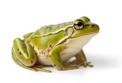 A Green Frog With Dark Spots Light Green Legs And A White Belly On A White Background 26 4039
